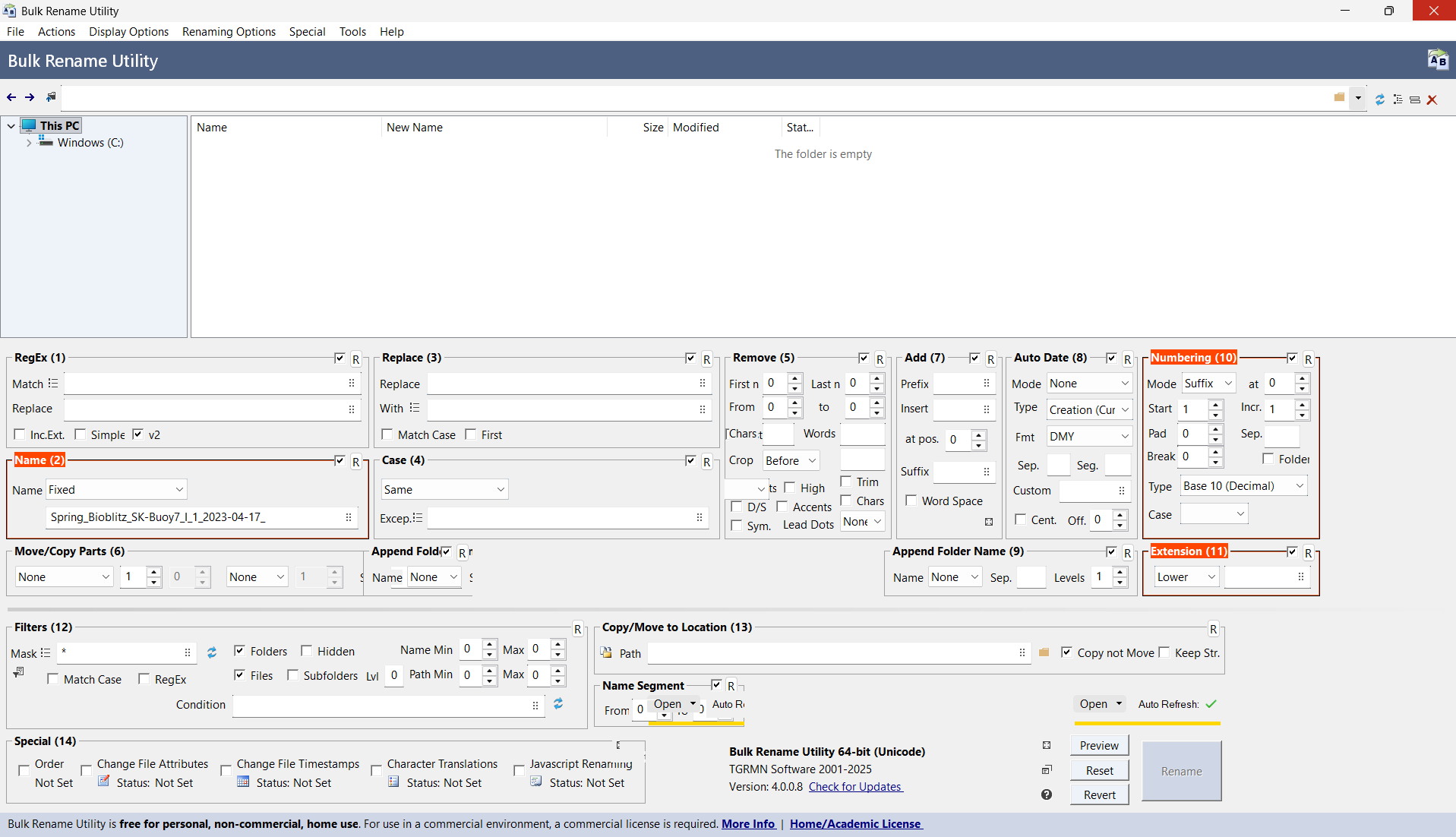 Bulk Rename Utility with relevant sections highlighted